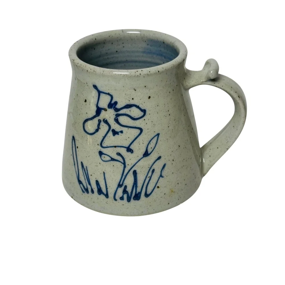 VINTAGE Studio Pottery Cobalt Blue Floral Stoneware Mug Thumb Rest